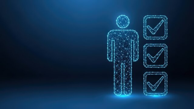 Digital human figure with checklist items in a futuristic abstract glowing blue network design