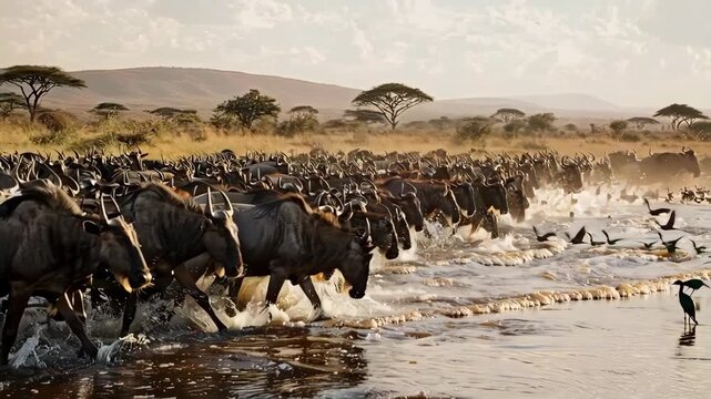 Massive Herd of Wildebeest Migrating Across a River in the African Savanna.