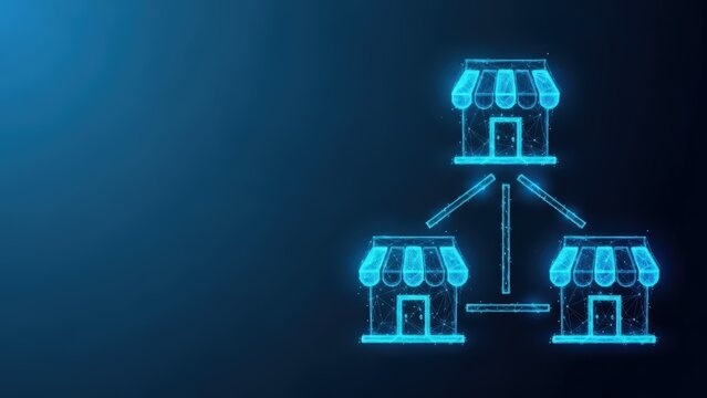 Digital network of glowing franchise stores representing business expansion and retail distribution