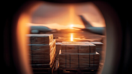 Obraz premium A breathtaking view of a sunset at an airport through a window, showcasing stacked cargo, as planes await in the background for takeoff.