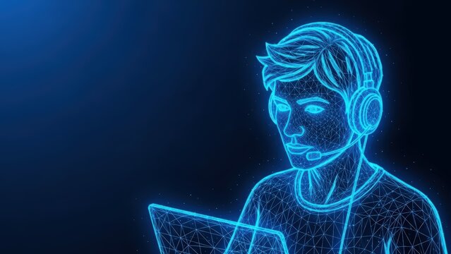Futuristic digital illustration of a person wearing a headset and using a computer with glowing blue wireframe effects
