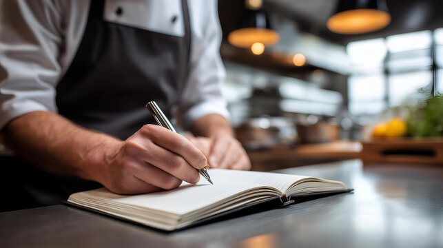 A chef writes notes in a kitchen notebook, capturing recipes and culinary ideas. The atmosphere is lively, filled with the essence of cooking and creativity.