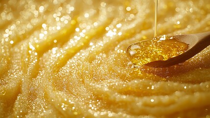 Golden Honey Drizzling Over a Textured Surface, Close-Up.