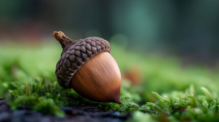 A close-up of a beautiful acorn resting on soft moss, showcasing the intricate details of its texture and color in a serene natural environment.