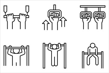 Pull-Up Bar Outline Icon set for Strength and Fitness Training on white background