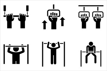 Pull-Up Bar Outline Icon set for Strength and Fitness Training on white background