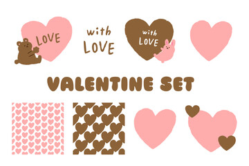 優しいピンクと茶色のバレンタインイラストセット｜かわいいクマとハートの手書き風パターン素材