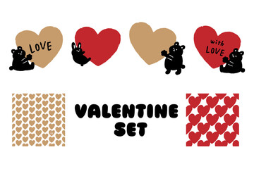 赤と金のバレンタインのかわいいクマとハートのイラストセット｜手書き風キャラクターとパターン素材