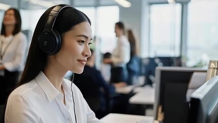 Smiling Asian Woman Wearing Headphones Working in a Busy Modern Office Environment.