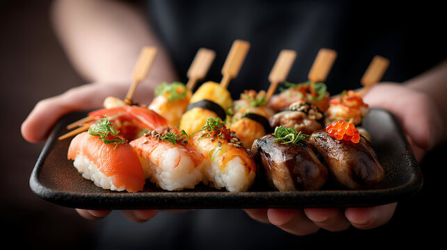 A beautifully arranged platter of sushi with vibrant colors, showcasing various types like nigiri and sashimi. Perfect for culinary enthusiasts.