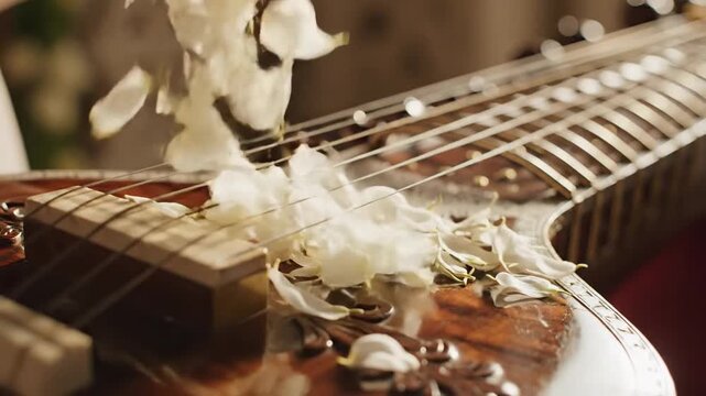 Saraswati Puja Vasant Panchami Petals Falling on Traditional Sitar