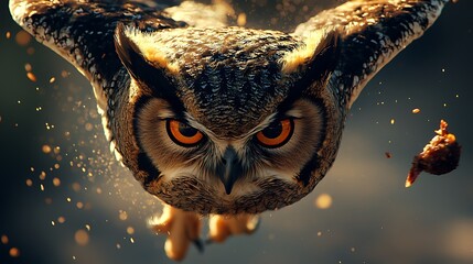 Intense close up of a powerful owl in flight with piercing orange eyes.