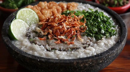 Delicious Indonesian Chicken Porridge with Fresh Herbs and Fried Shallots.