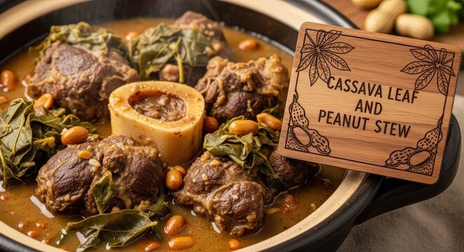 Rustic Cassava Leaf and Peanut Stew with Beef Shank and Engraved Sapele Wood Sign