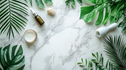 Natural Skincare Products and Green Leaves on White Marble Background for Wellness and Beauty.