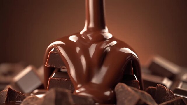 Rich, velvety chocolate gracefully cascades over a delectable stack of premium dark chocolate bars, creating a mesmerizing flow of deliciousness, perfect for sweet cravings and indulgent moments