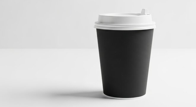 Minimalist black coffee cup with white lid on clean white background in studio lighting