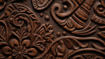 Naklejka premium Fancy embossed leather with western floral design concept. Intricate wooden carving showcasing detailed floral patterns.