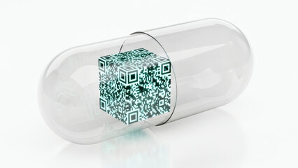 Revolutionary medical capsule with integrated QR code, symbolizing advanced digital health solutions for enhanced pharmaceutical security and data management