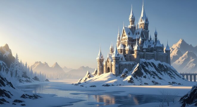Majestic snowy palace atop frozen hill, a symbol of architectural brilliance surrounded by vast - Powered by Adobe