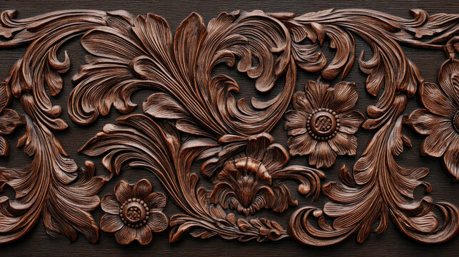 Fancy embossed leather with western floral design concept. Intricate wooden carving with floral designs and detailed patterns.