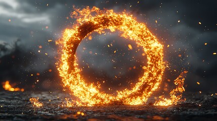 Fiery Ring Portal with Intense Flames and Sparks in a Dark Setting.