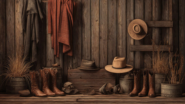 Cowboy interior with old wooden wall background concept. Rustic western boots and hats displayed in a cozy barn setting.