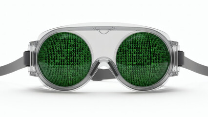 Advanced transparent eyewear presenting a continuous stream of vibrant green digital code across its lenses, symbolizing data visualization, future technology, and immersive digital environments