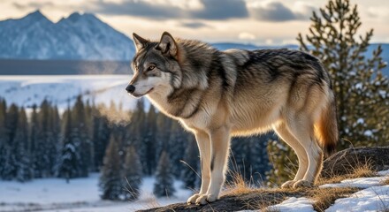 Naklejka premium Majestic wolf surveying winter landscape in sunlight creating a serene outdoor scene