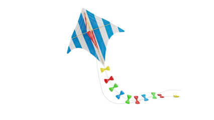 Striped Kite with Colorful Bows Tail on White Background