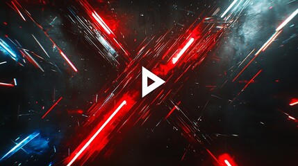 Dynamic Abstract Background with Red and Blue Light Streaks and Play Button.