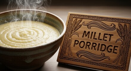 Steaming Rustic Millet Porridge Bowl with Hand-Carved Iroko Wood Sign