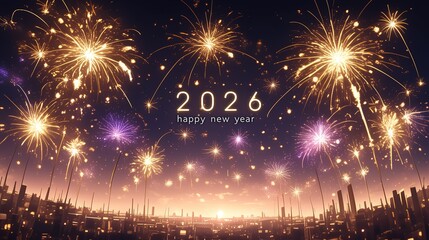 2026 Happy New Year golden sparkler text glowing on black background, with fireworks in night sky and copy space for celebration decoration design, ideal for greeting cards, posters, social media, and