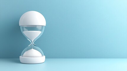 Modern white hourglass with falling sand on a clean blue background.