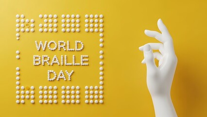 World Braille Day message with tactile dots and mannequin hand on yellow background