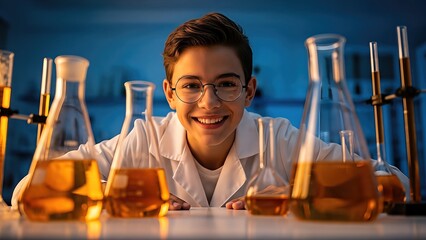 Young boy in a lab coat smiles enthusiastically while surrounded by colorful beakers and flasks, showcasing a vibrant chemistry experiment in a classroom setting