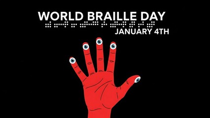 Fototapeta premium World Braille Day illustration with hand and eyes on black background