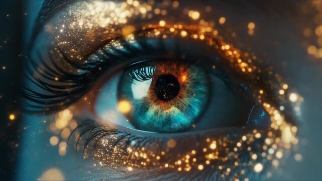 A vibrant blue eye with golden sparkles surrounding the iris and eyelashes in a close-up view