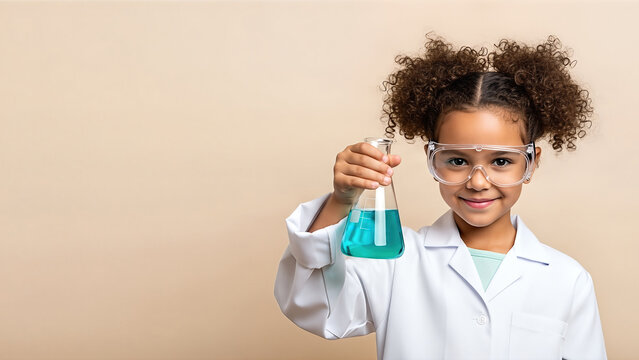 Young girl in a white lab coat and safety goggles holds a flask with blue liquid, showcasing her enthusiasm for science in a bright classroom setting