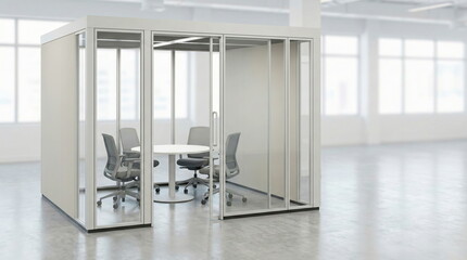 Modern office pod with glass partitions in an empty open-plan workspace, designed for private meetings and flexible collaboration.