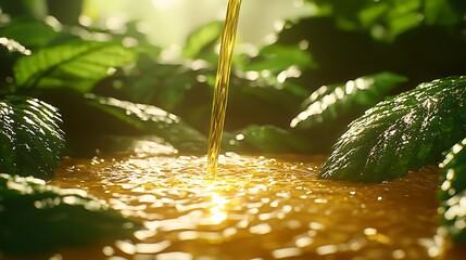 Golden liquid pouring into a pool surrounded by lush green plants.