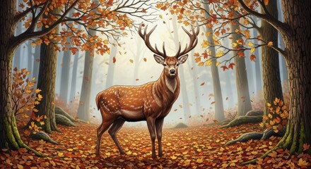 Majestic stag in an autumnal forest scene, characterized by falling leaves and serene woodland