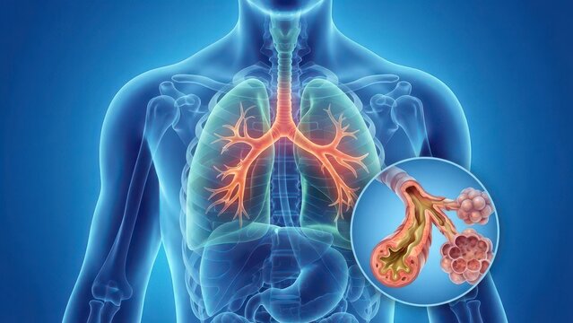 Detailed illustration of human lungs showing bronchi, alveoli, and their respiratory functions in vibrant colors and clear structure