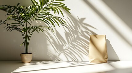 Minimalist indoor scene with potted palm plant and brown paper bag in strong sunlight.