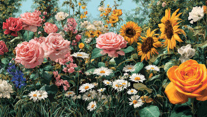 Vibrant garden filled with various colorful flowers including roses, sunflowers, daisies, and other blooming plants