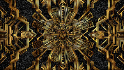 A symmetrical background blending intricate Indian Mandala patterns with the sleek, metallic gold lines and geometric luxury of 1920s Art Deco.