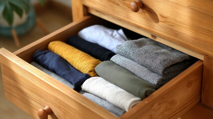 Neatly organized drawer with folded clothes in warm lighting. AI generated