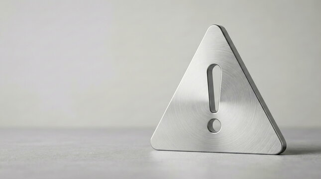 Metal warning sign with exclamation mark on a neutral grey background, symbolizing caution, risk, danger, and important system alerts.