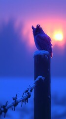 Owl Perched Atop Post Silhouetted Against Sunset Sky.