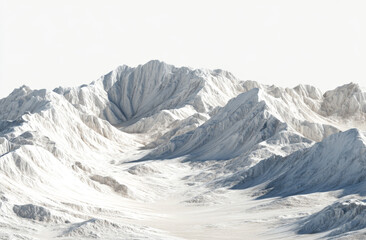White mountain range with rugged snow-covered peaks and valleys under bright sky